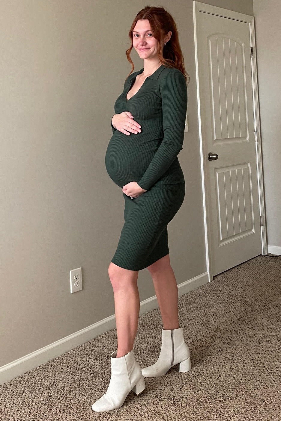 Forest Green Ribbed Knit Fitted Maternity Dress