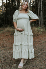 Sage Ruffle Tiered Maternity Maxi Dress