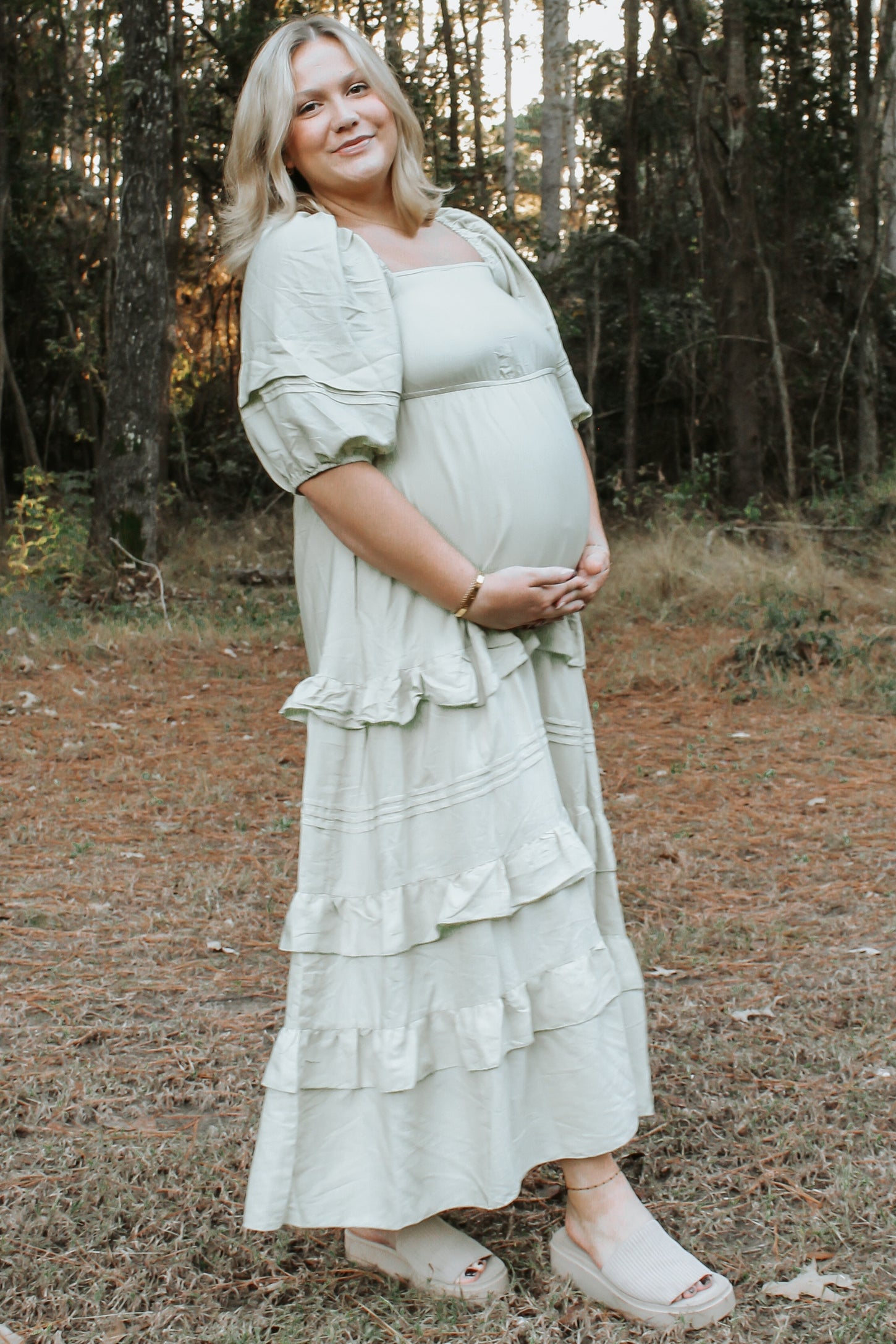 Sage Ruffle Tiered Maternity Maxi Dress