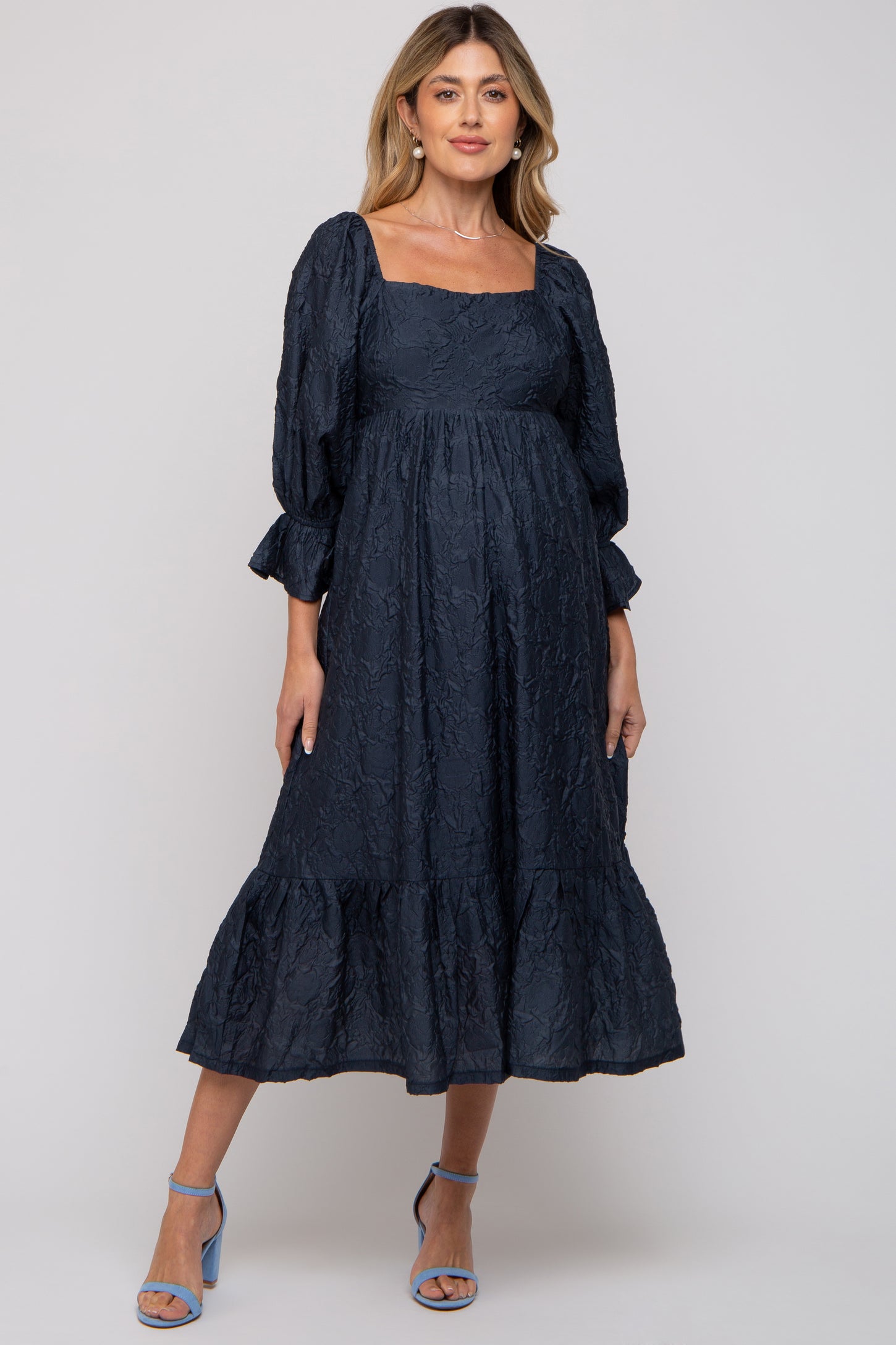 Navy Blue Metallic Jacquard Floral Maternity Midi Dress