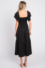 Black Satin Flutter Sleeve Midi Dress