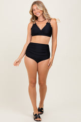 Black Scalloped V-Neck High Waist Two-Piece Swimsuit