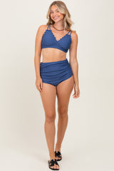 Blue Scalloped V-Neck High Waist Two-Piece Swimsuit
