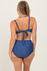 Blue Scalloped V-Neck High Waist Two-Piece Swimsuit