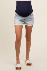 Light Blue Fringe Hem Maternity Denim Shorts