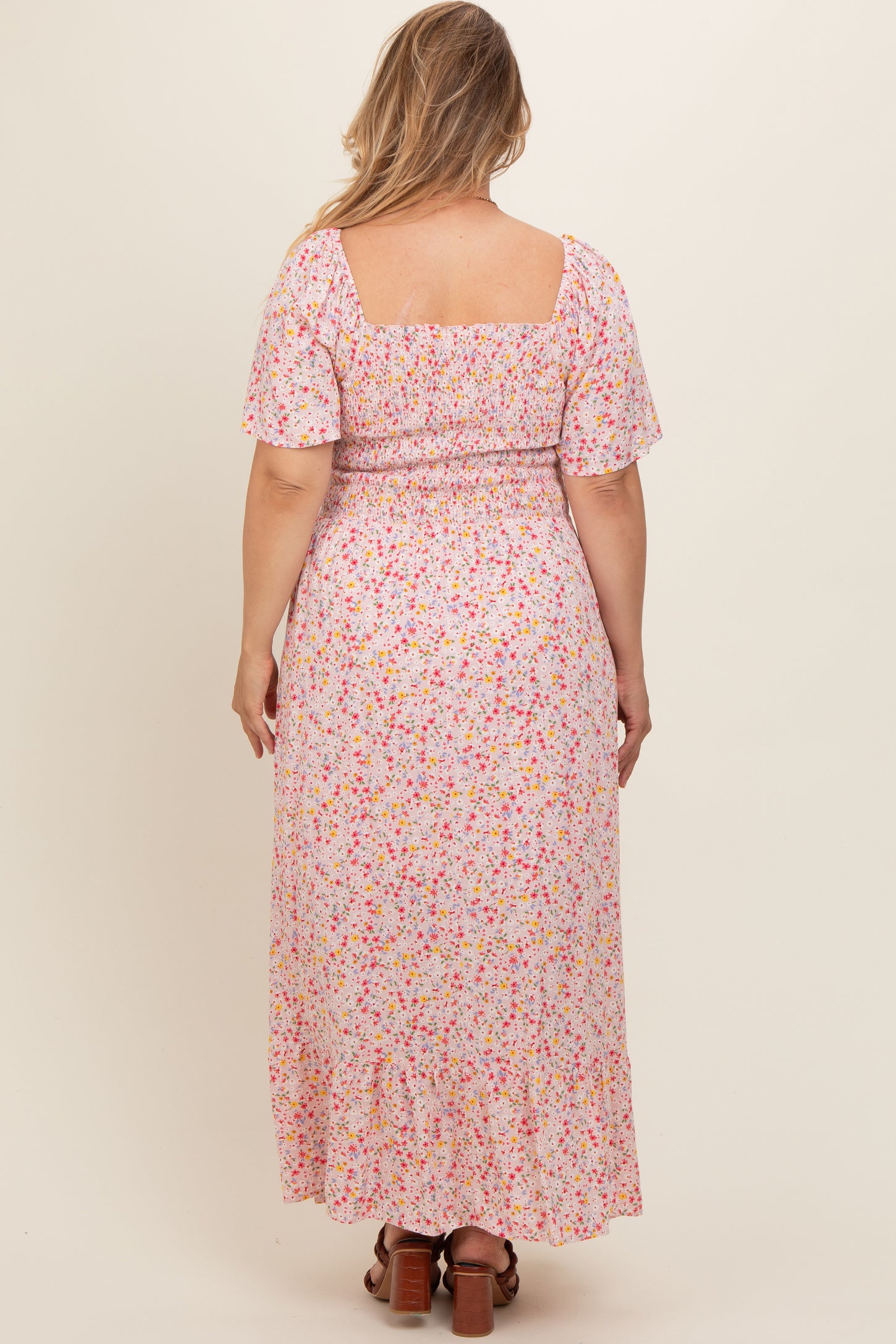 Light Pink Floral Smocked Plus Maternity Maxi Dress