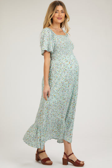 Mint Floral Smocked Maternity Maxi Dress