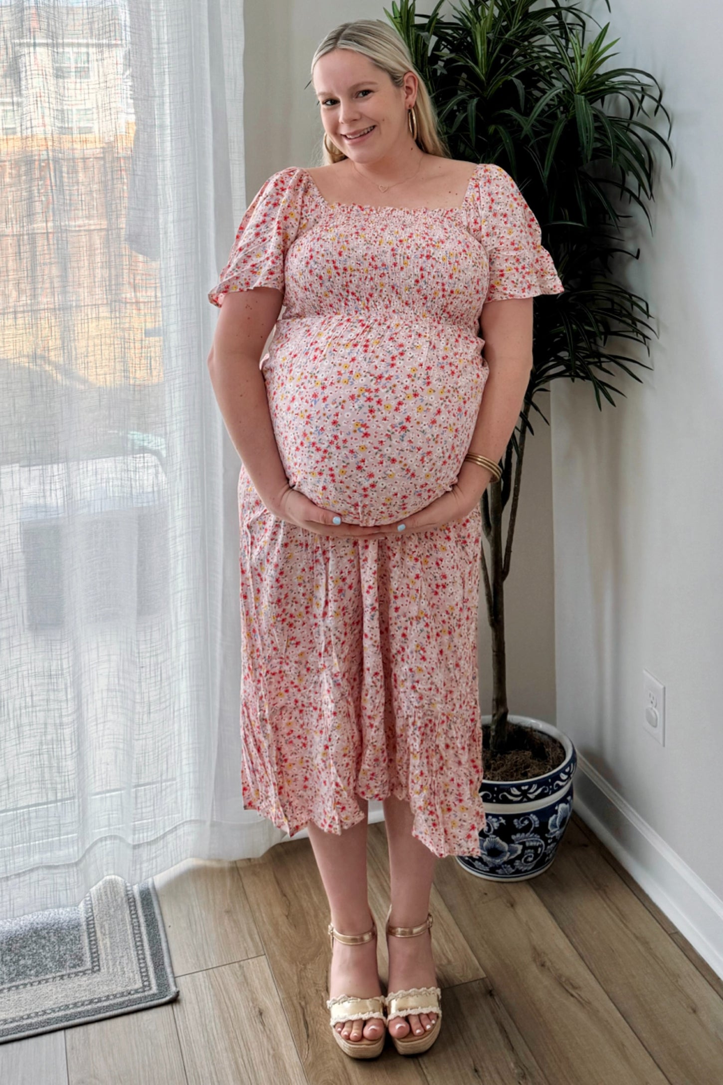 Light Pink Floral Smocked Maternity Maxi Dress