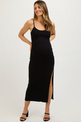 Black Ribbed Sleeveless Side Slit Maternity Dress