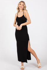 Black Ribbed Sleeveless Side Slit Maternity Dress