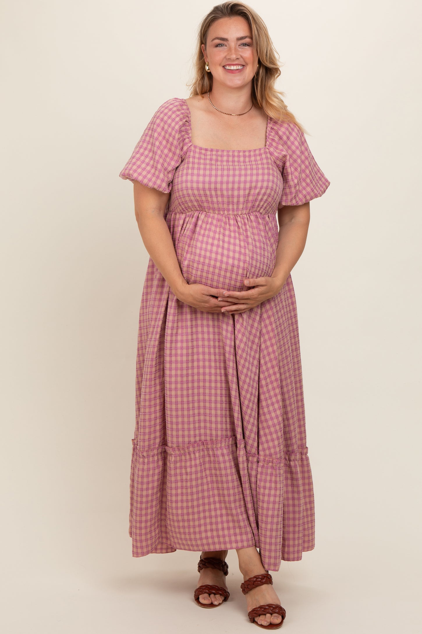 pink plaid maternity dress Lyckli Maternity Casual Plaid & Cherry Print Sleeveless Dress Picnic Dresses For Women Women's Summer Cute Vacation Outfits