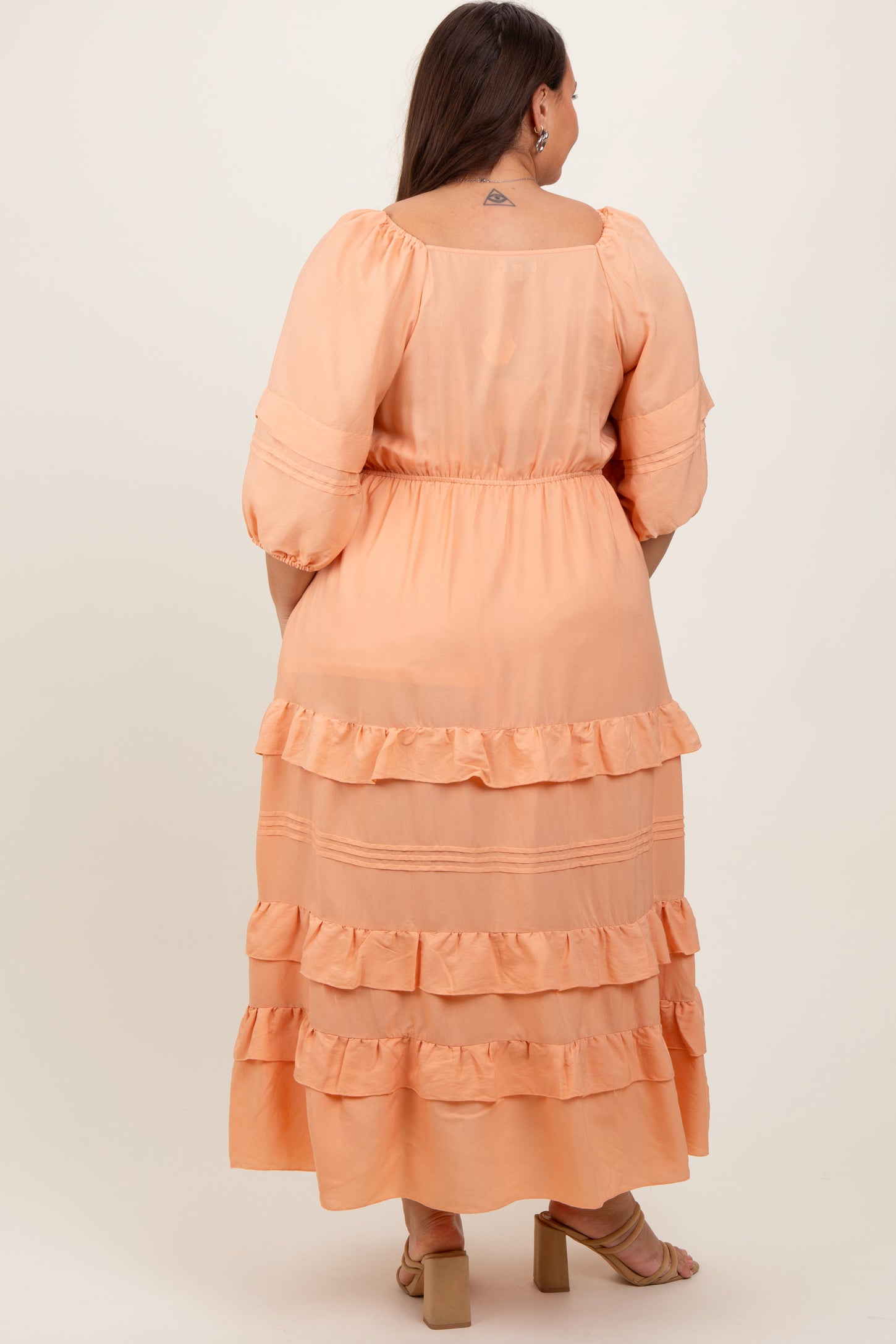 Peach Square Neck Ruffle Tiered Plus Maxi Dress