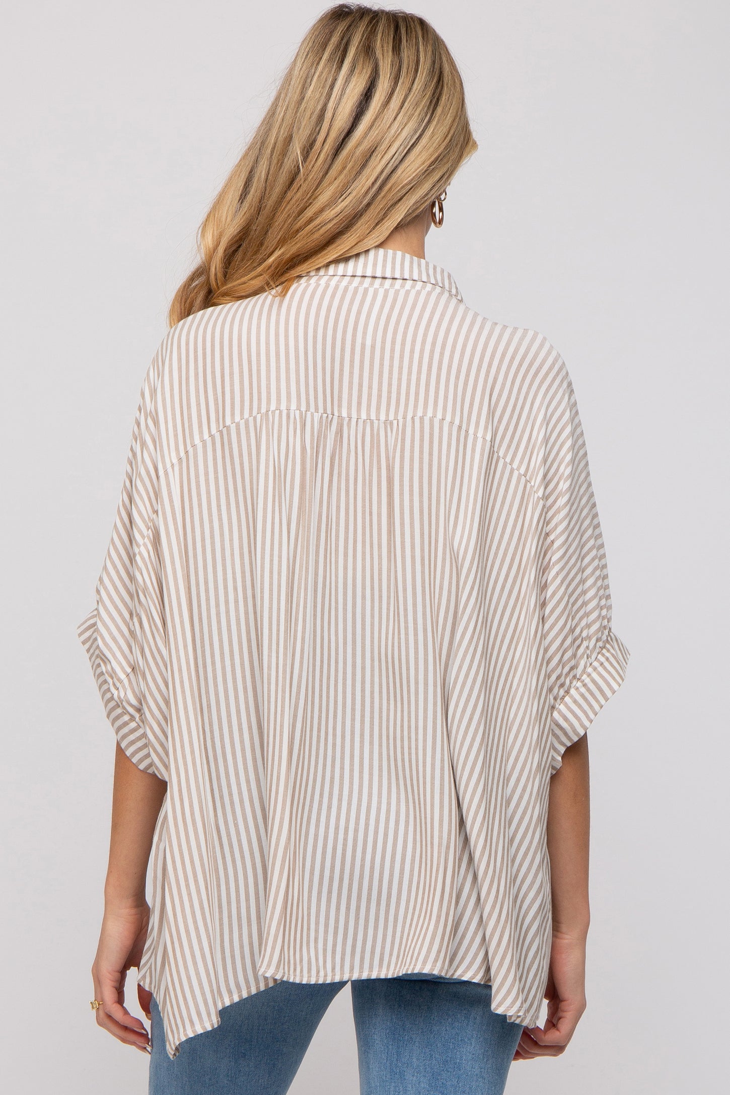 Taupe Striped Button Up Dolman Maternity Top