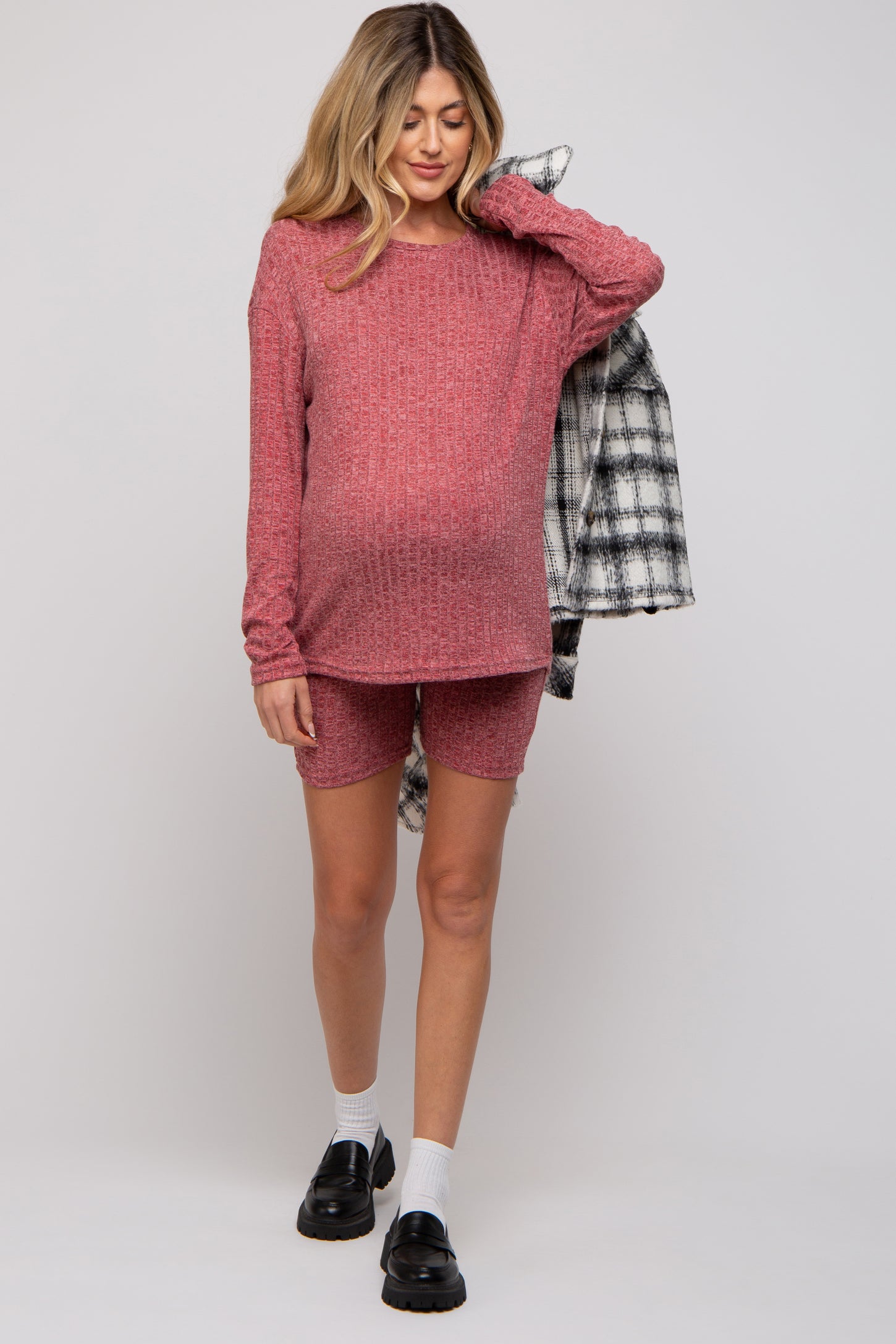 Burgundy Ribbed Long Sleeve Maternity Shorts Set