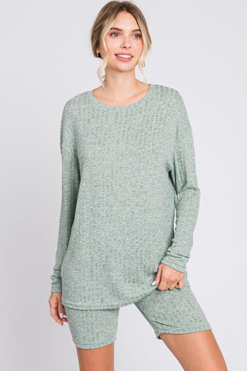 Green Ribbed Long Sleeve Shorts Set