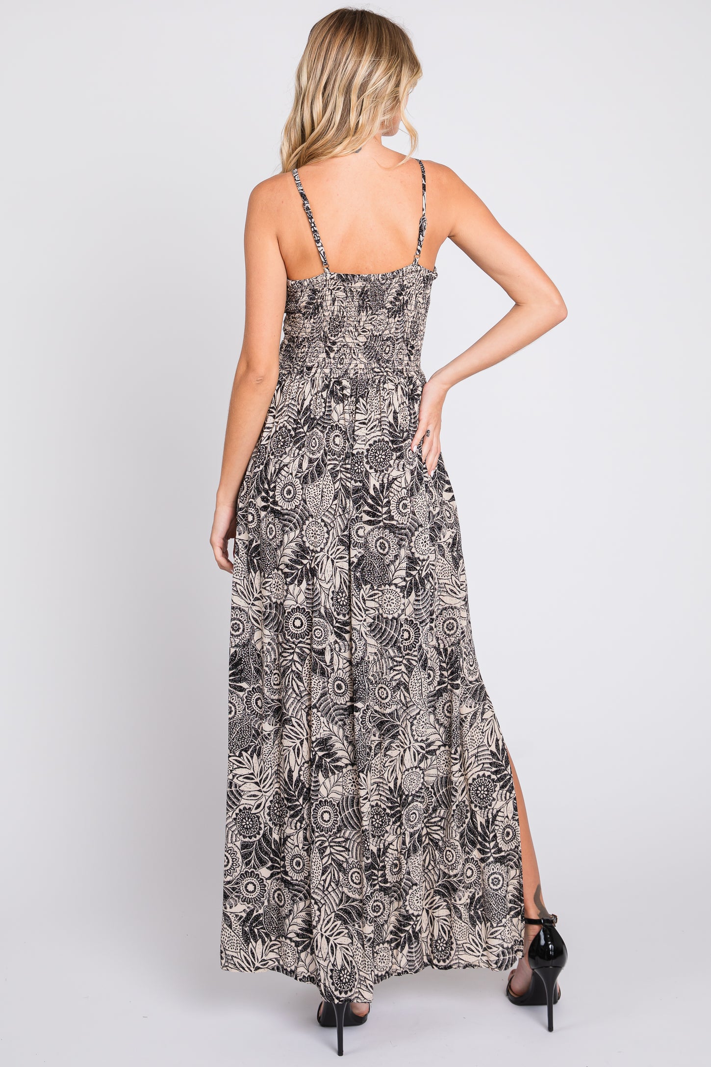 Black Floral Front Cutout Side Slit Maxi Dress