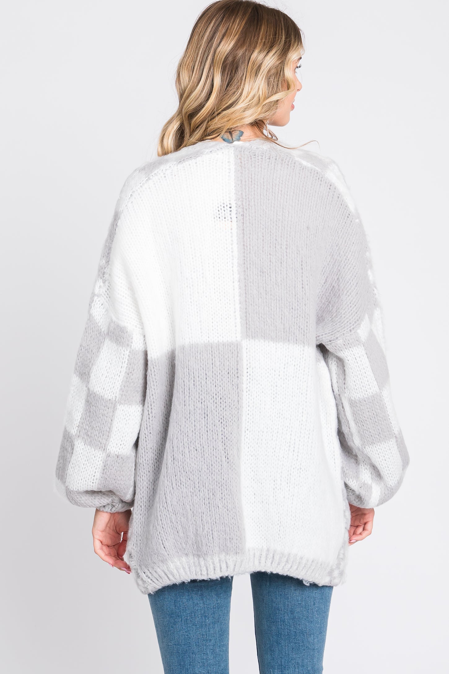 Heather Grey Checkered Cardigan Sweater