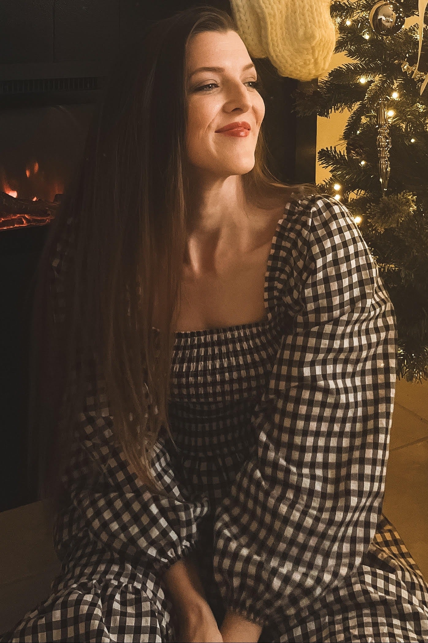 Black Gingham Long Sleeve Midi Dress