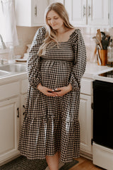 Black Gingham Long Sleeve Maternity Midi Dress