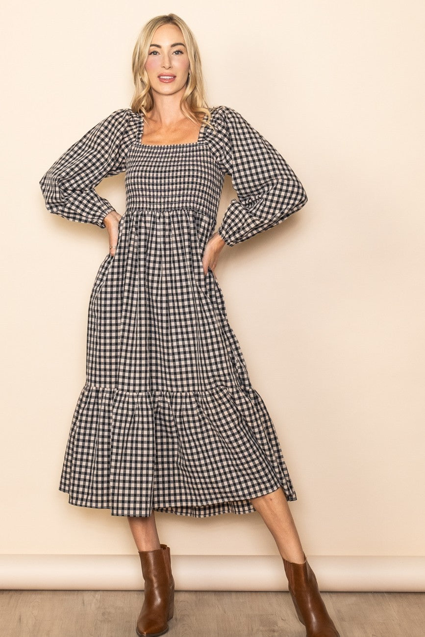 Black Gingham Long Sleeve Midi Dress PinkBlush Black Gingham Long Sleeve Midi Dress PinkBlush