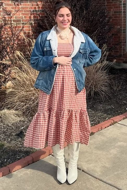 Rust Gingham Long Sleeve Maternity Midi Dress