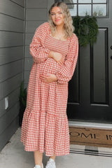 Rust Gingham Long Sleeve Maternity Midi Dress