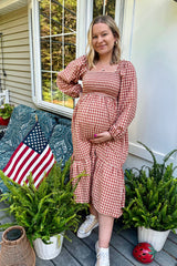 Rust Gingham Long Sleeve Maternity Midi Dress