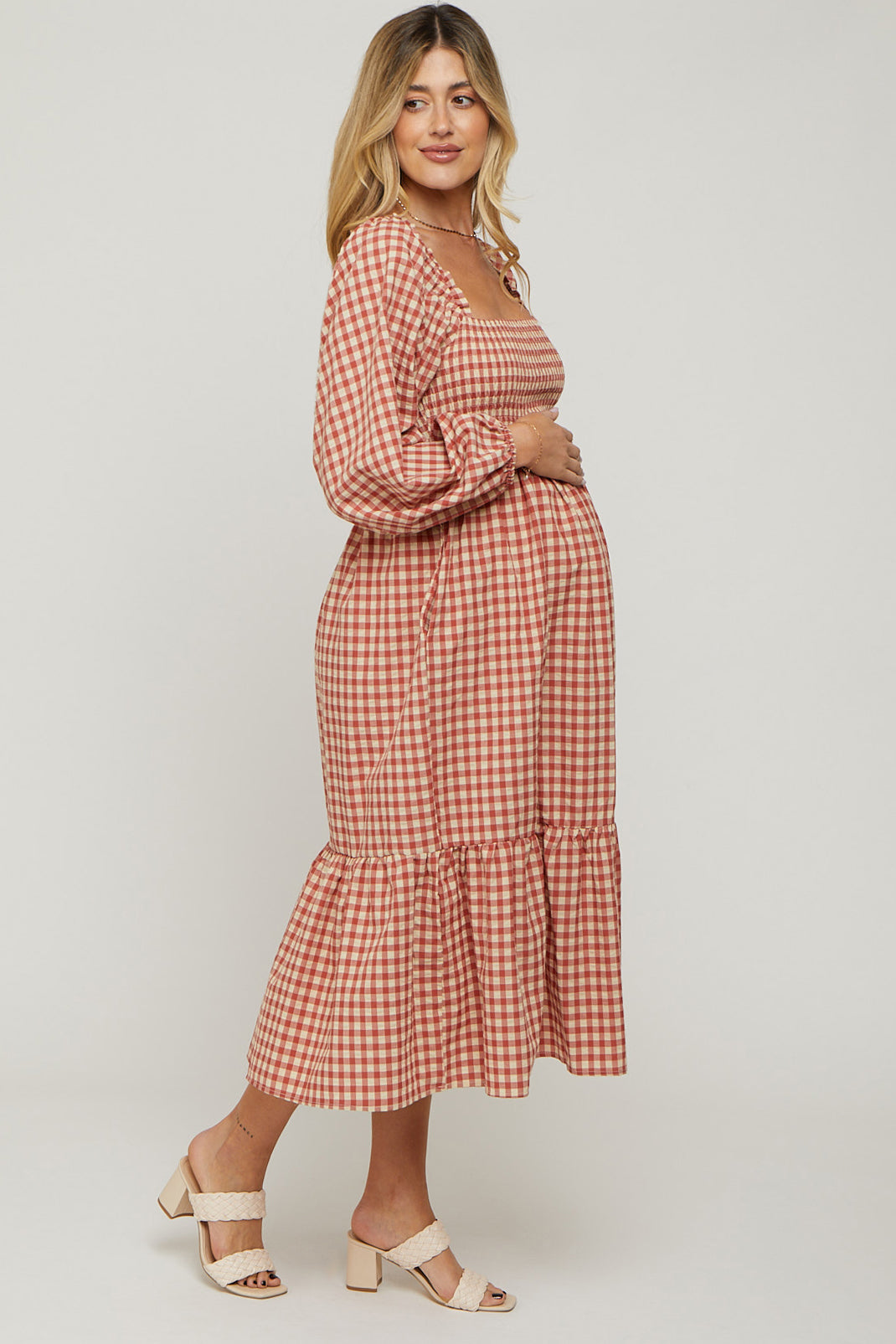 Rust Gingham Long Sleeve Maternity Midi Dress