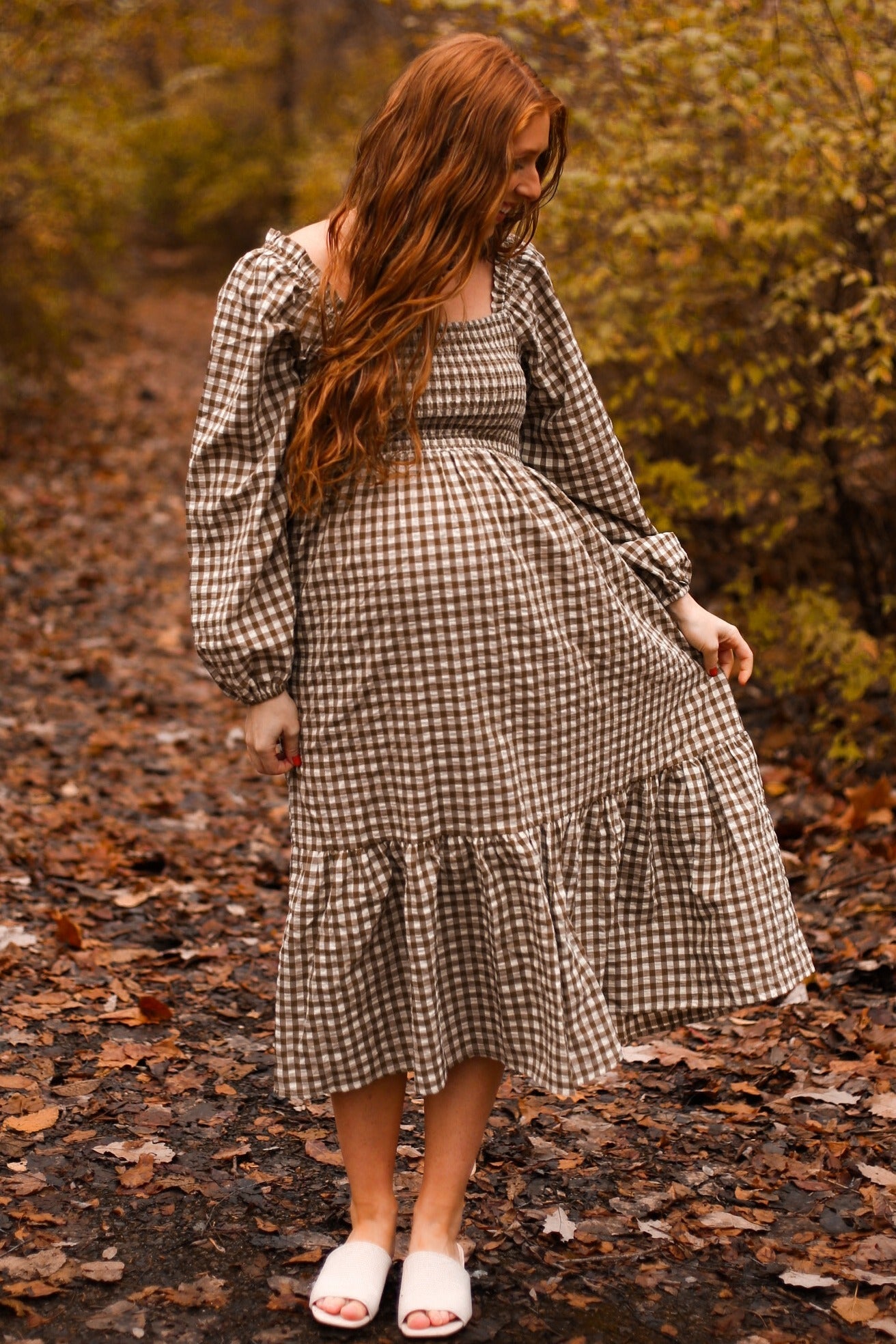 Olive Gingham Long Sleeve Maternity Midi Dress
