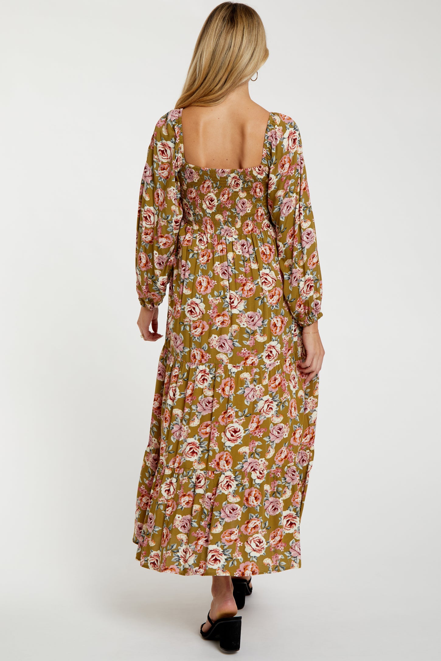 Olive Floral Long Sleeve Maternity Maxi Dress