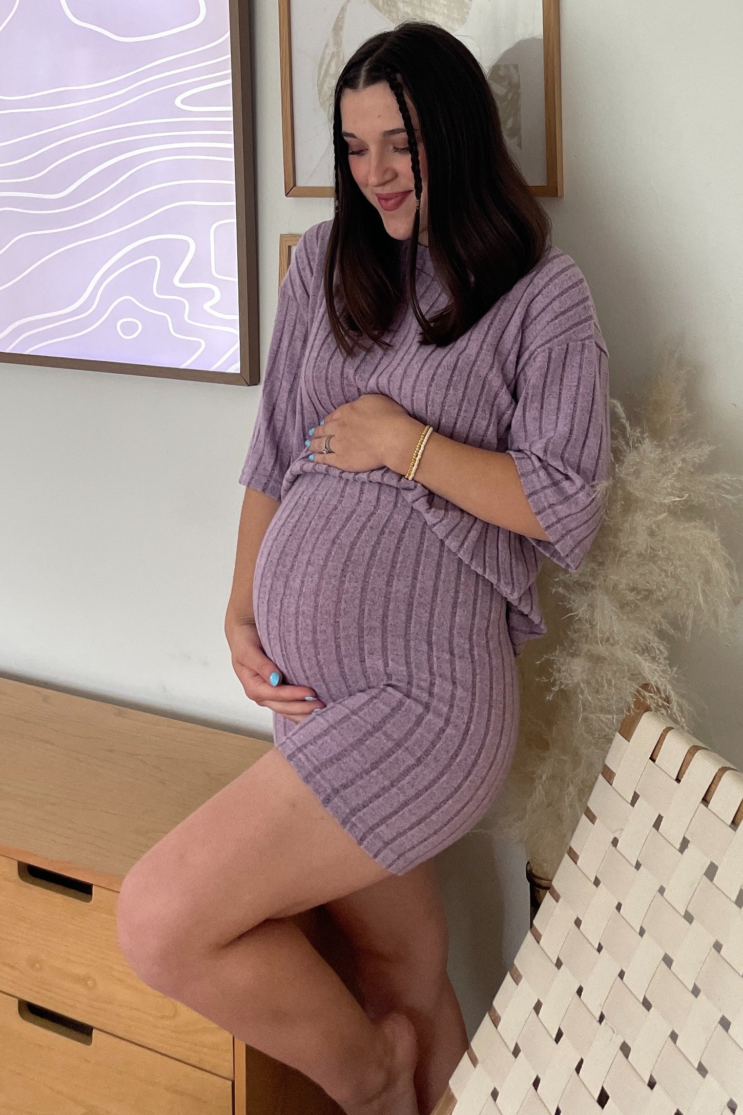 Purple Ribbed Soft Short Sleeve Maternity Shorts Set