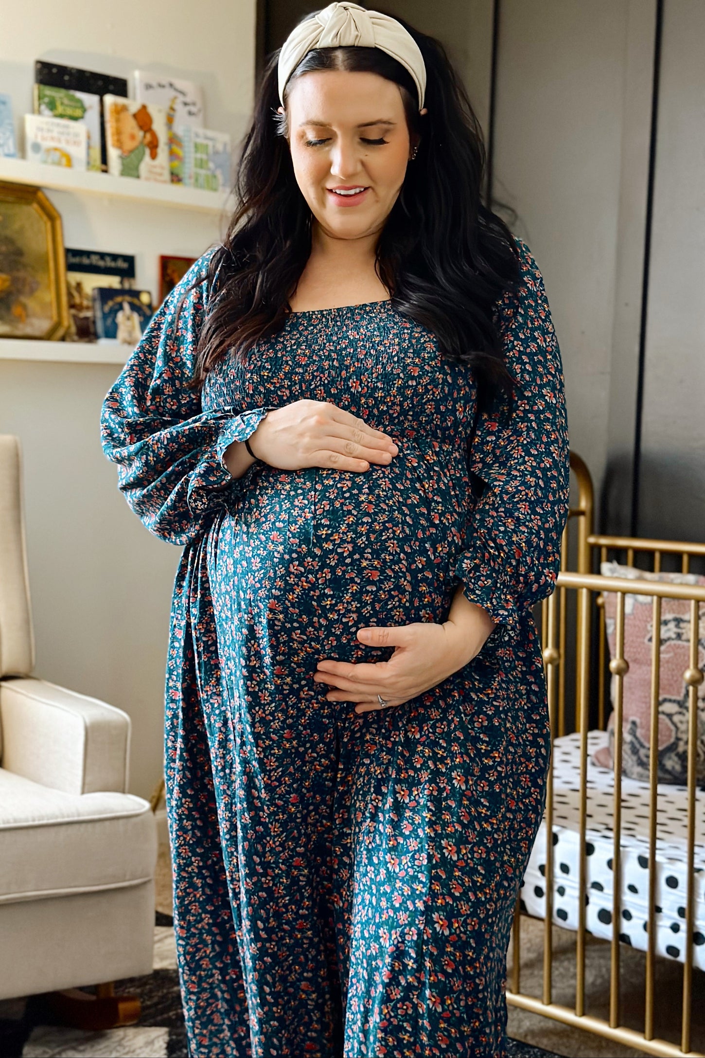 Dark Teal Floral Smocked Wide Leg Maternity Jumpsuit