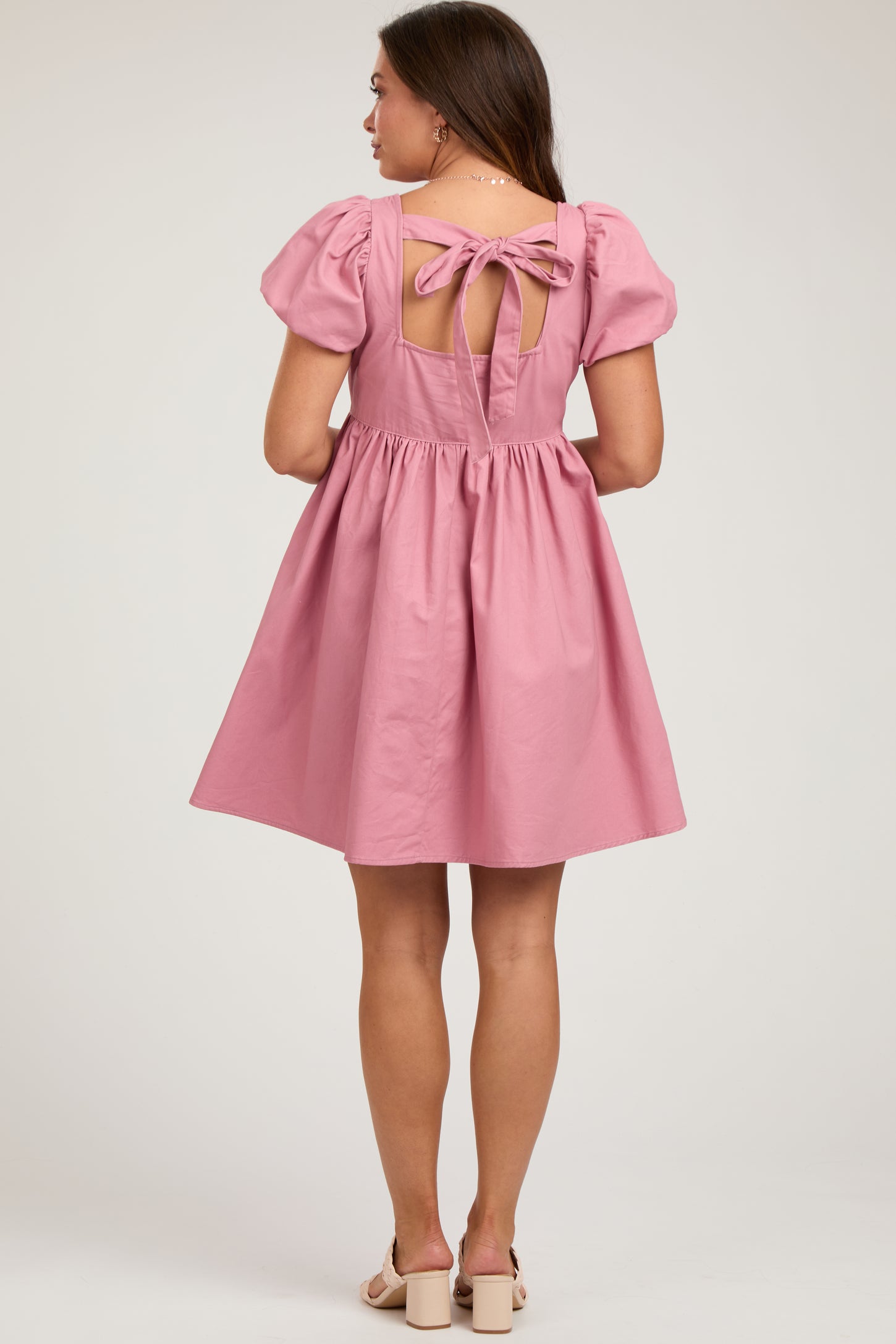 Mauve Puff Sleeve Back Tie Maternity Dress