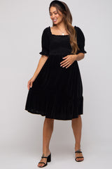 Black Velvet Smocked Puff Sleeve Maternity Dress