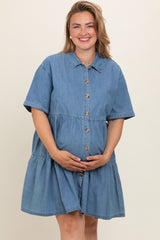 Blue Denim Button Down Tiered Plus Maternity Dress