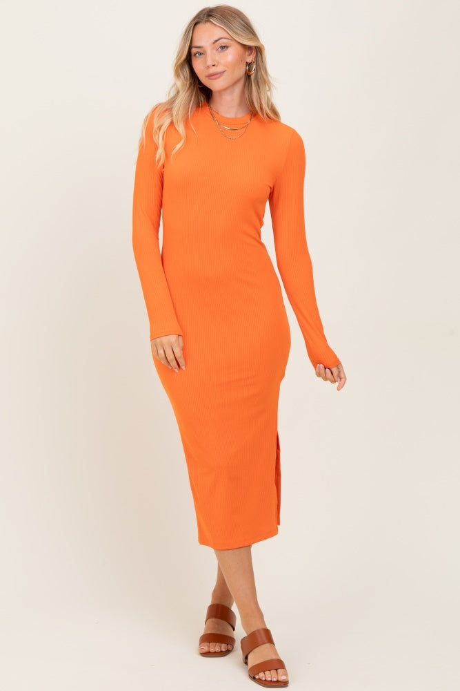 Orange Ribbed Mock Neck Long Sleeve Midi Dress