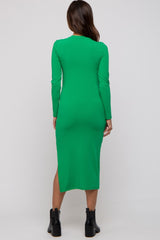 Green Ribbed Mock Neck Long Sleeve Maternity Midi Dress