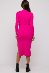Fuchsia Ribbed Mock Neck Long Sleeve Maternity Midi Dress