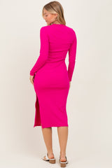 Fuchsia Ribbed Mock Neck Long Sleeve Midi Dress