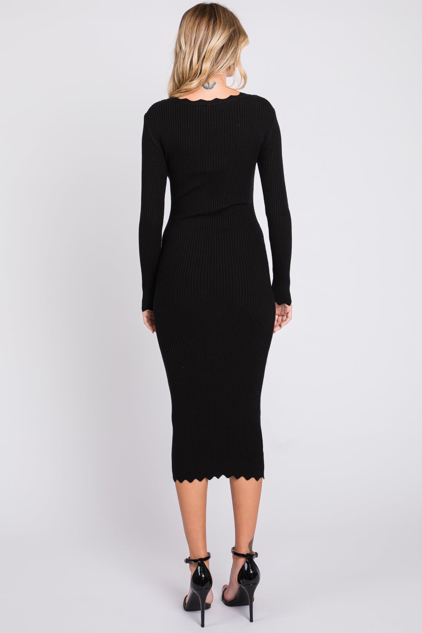 Black Ribbed Scallop Hem Long Sleeve Midi Dress