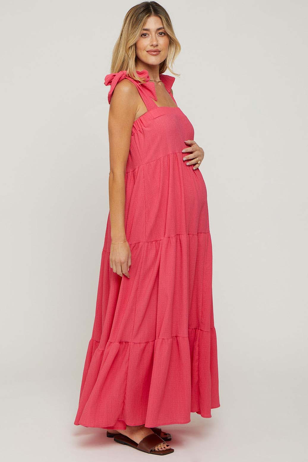 Magenta Sleeveless Tiered Maternity Maxi Dress
