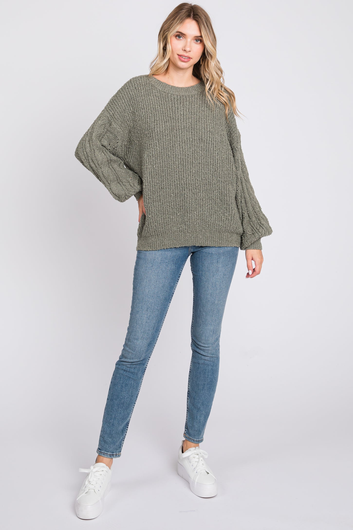 Light Olive Knit Puff Sleeve Sweater