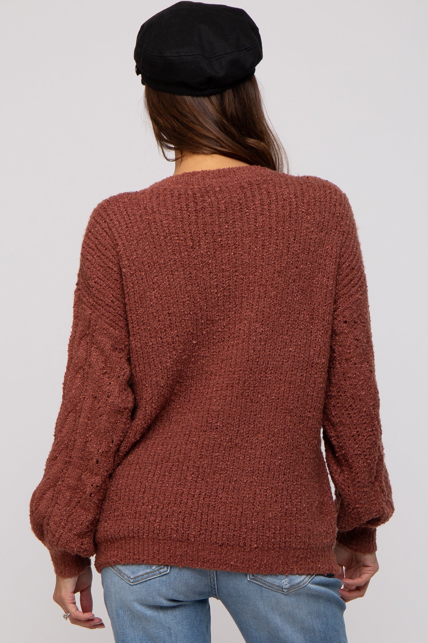 Camel Knit Puff Sleeve Maternity Sweater