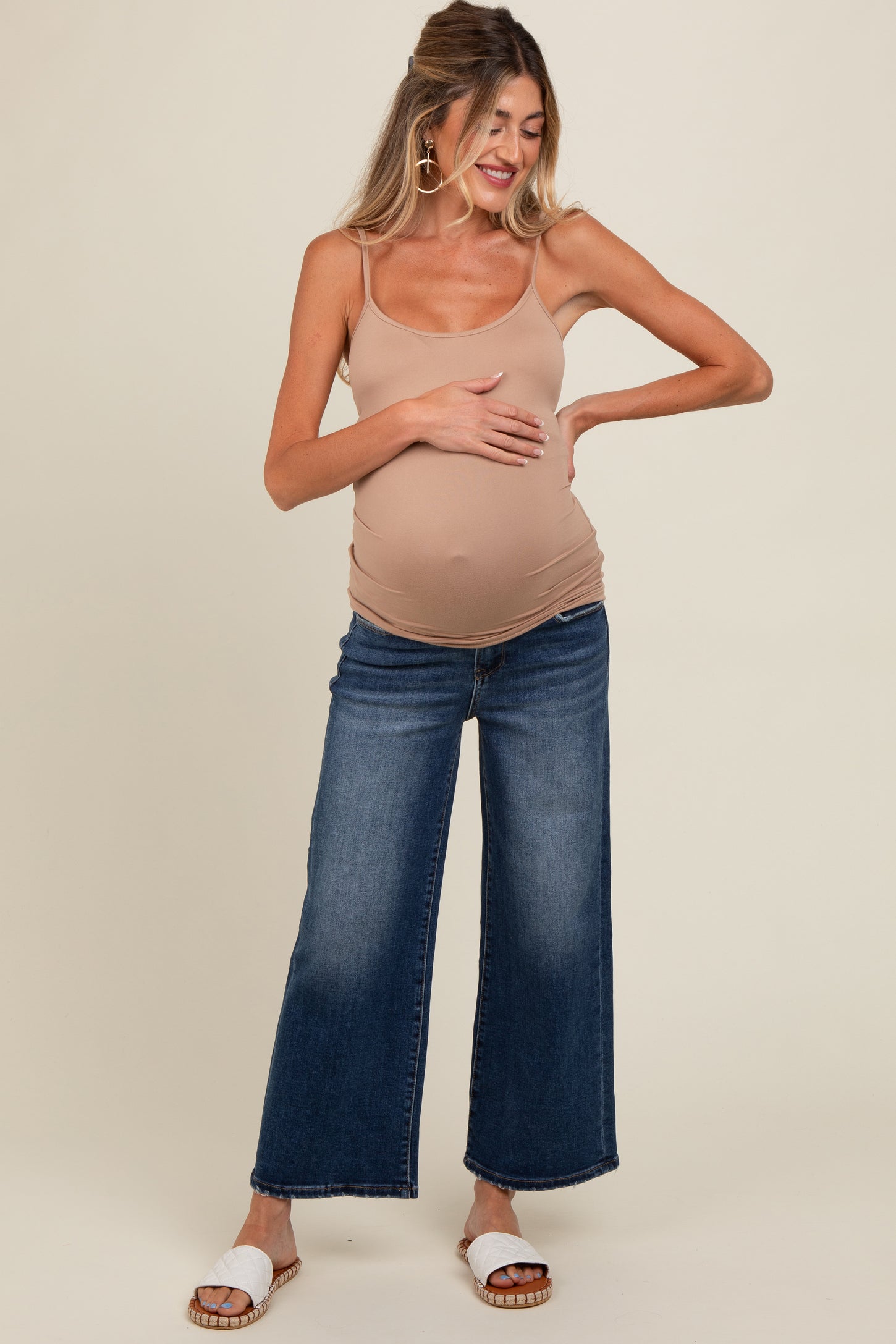 Navy Blue Wide Leg Cropped Maternity Jeans