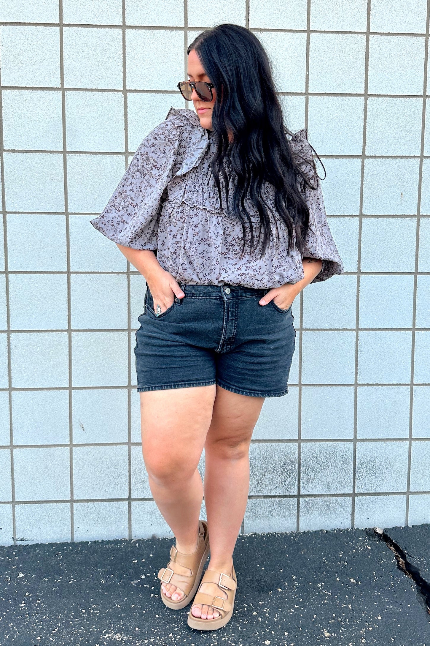 Grey Mocha Floral Ruffle Blouse