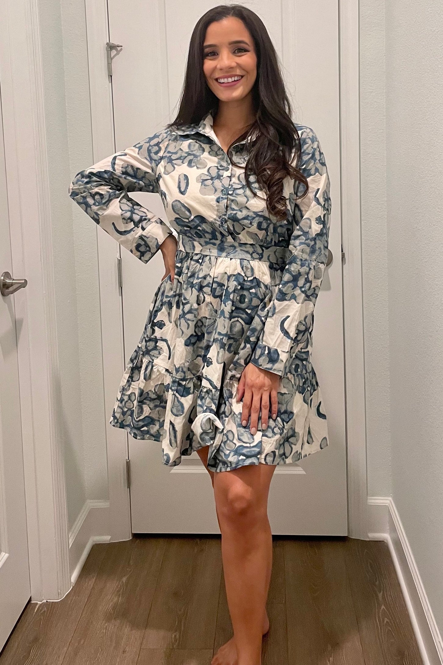 Teal Floral Collared Bottom Ruffle Mini Dress