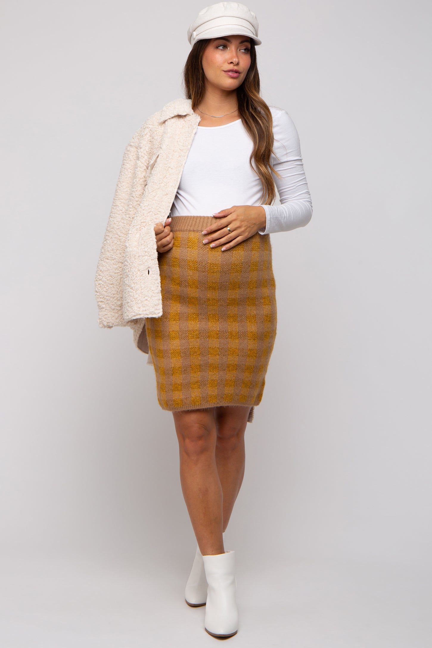 Camel Plaid Fuzzy Knit Fitted Maternity Skirt