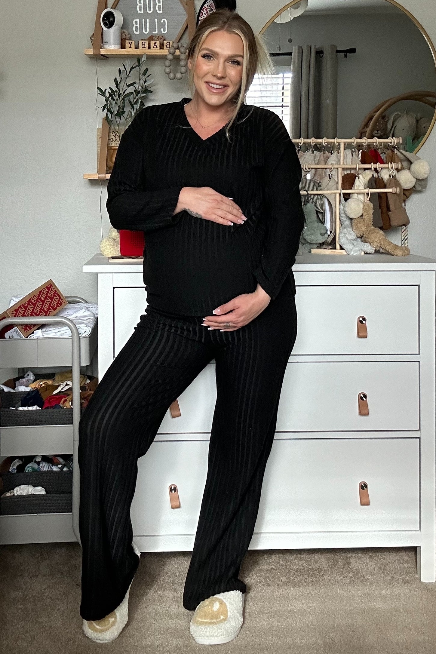 Black Ribbed Soft Knit Long Sleeve Maternity Pajama Set