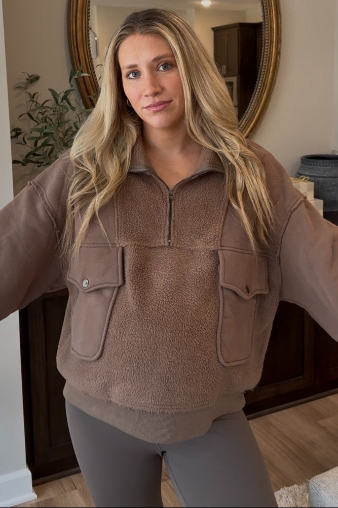 Mushroom Contrast Reversed Fleece 1/4 Zip Maternity Pullover