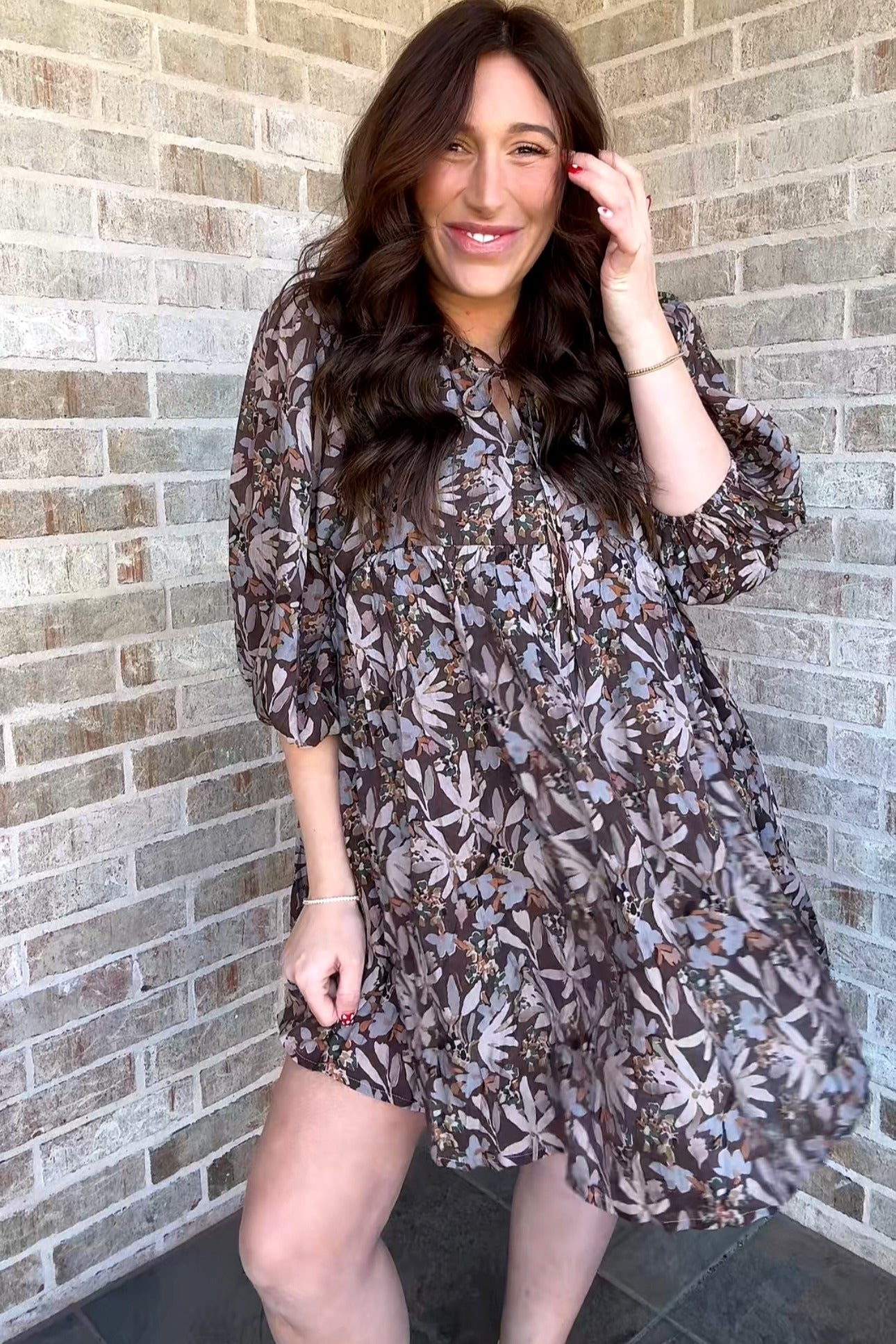 Brown Floral 3/4 Sleeve Maternity Dress